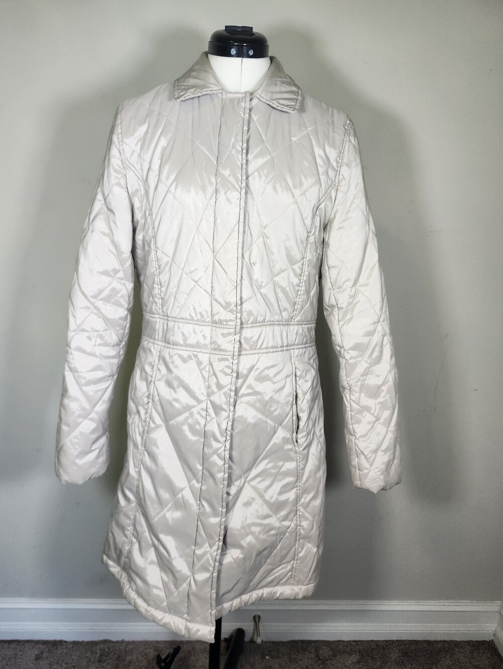 London Fog Manhattan Beige Quilted Puffer Insulated Snap Mid-Length Coat S Med